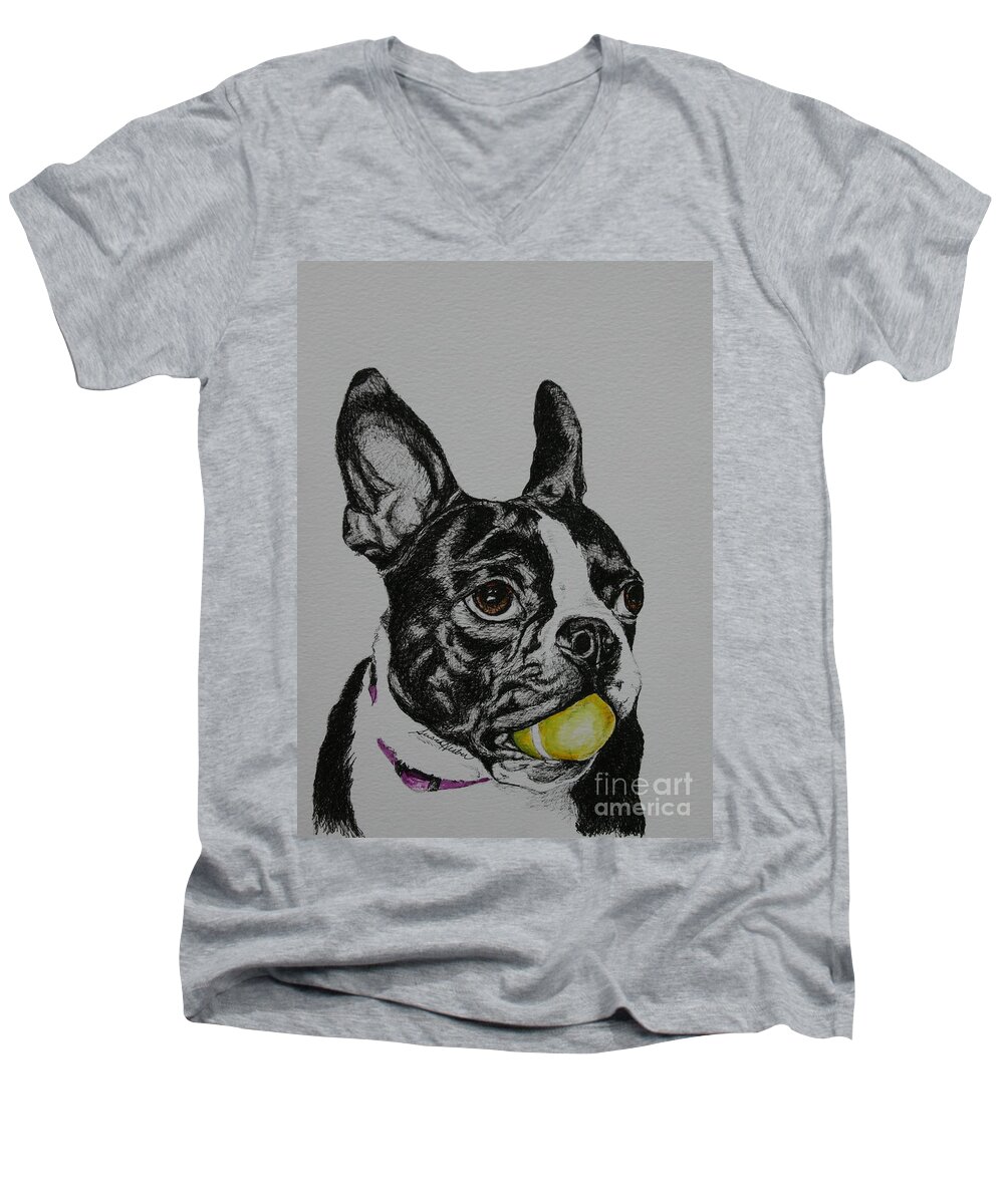 Boston Terrier Men's V-Neck T-Shirt featuring the mixed media Yellow Ball by Susan Herber