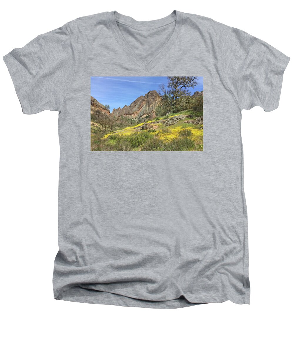 Pinnacles National Park Men's V-Neck T-Shirt featuring the photograph Yellow Carpet by Art Block Collections