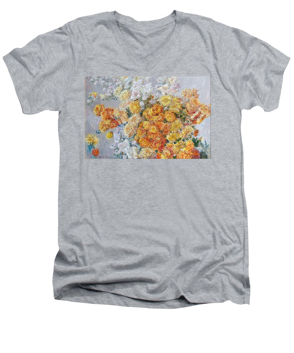 Maya Gusarina Men's V-Neck T-Shirt featuring the painting Yellow Chrysanthemum by Maya Gusarina