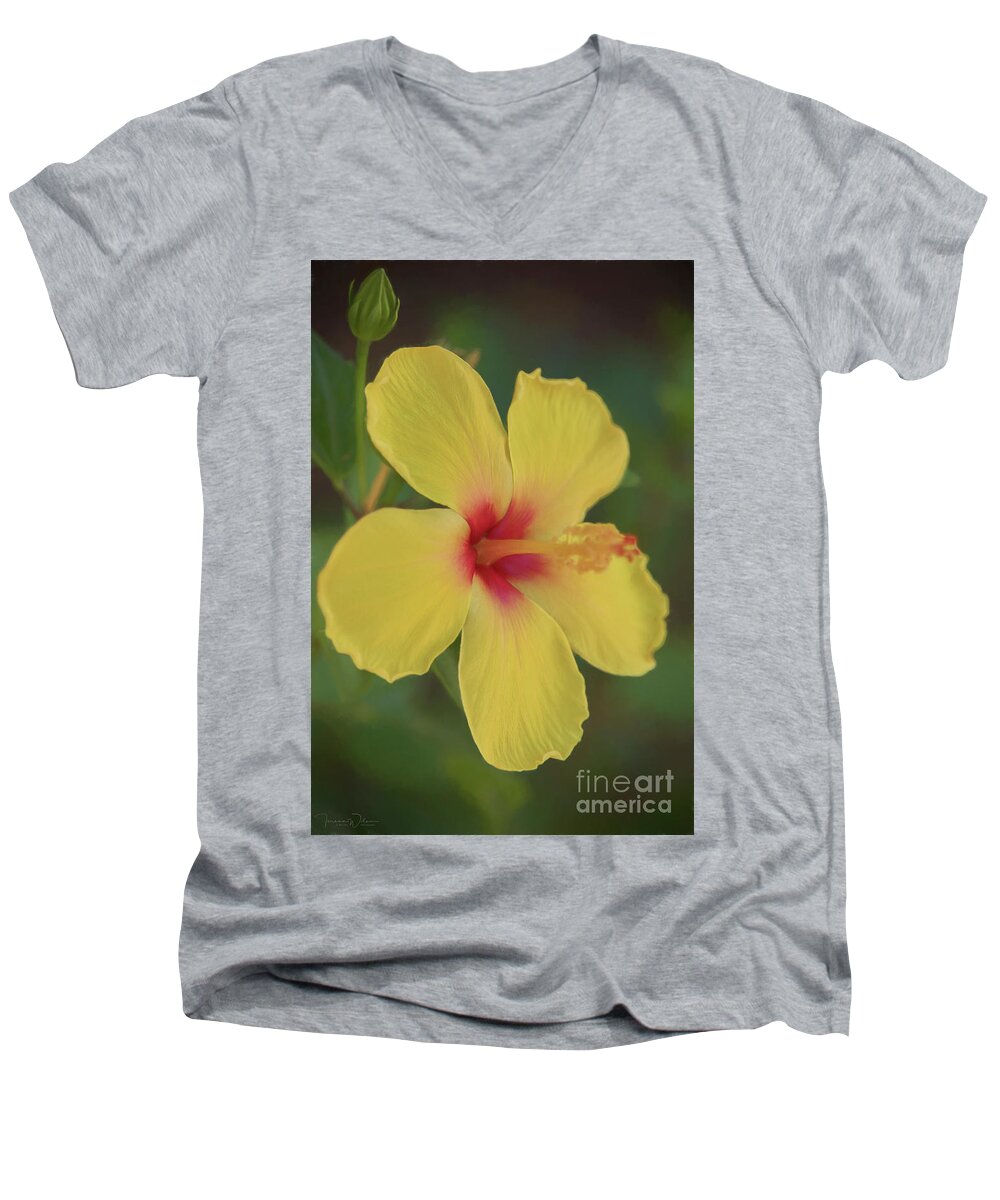 Yellow Men's V-Neck T-Shirt featuring the photograph Yellow Hibiscus Profile by Teresa Wilson