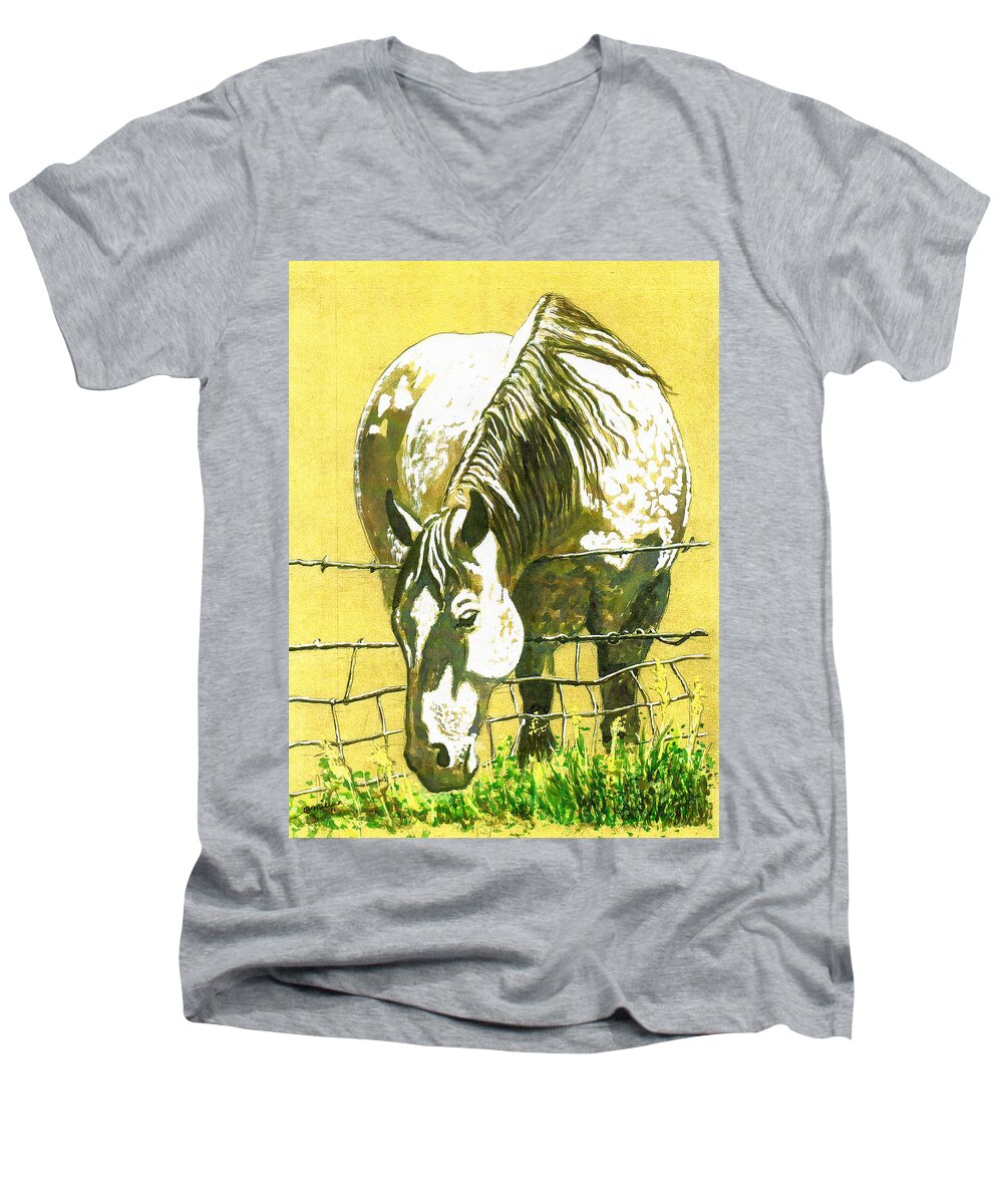 Art Men's V-Neck T-Shirt featuring the painting Yellow Horse by Bern Miller