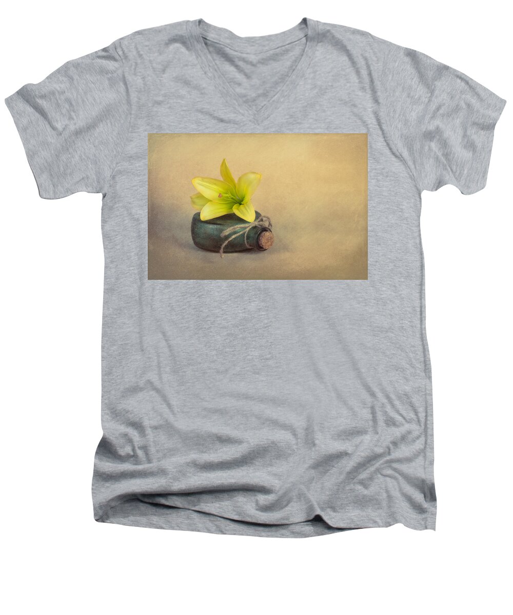 Art Men's V-Neck T-Shirt featuring the photograph Yellow Lily and Green Bottle by Tom Mc Nemar