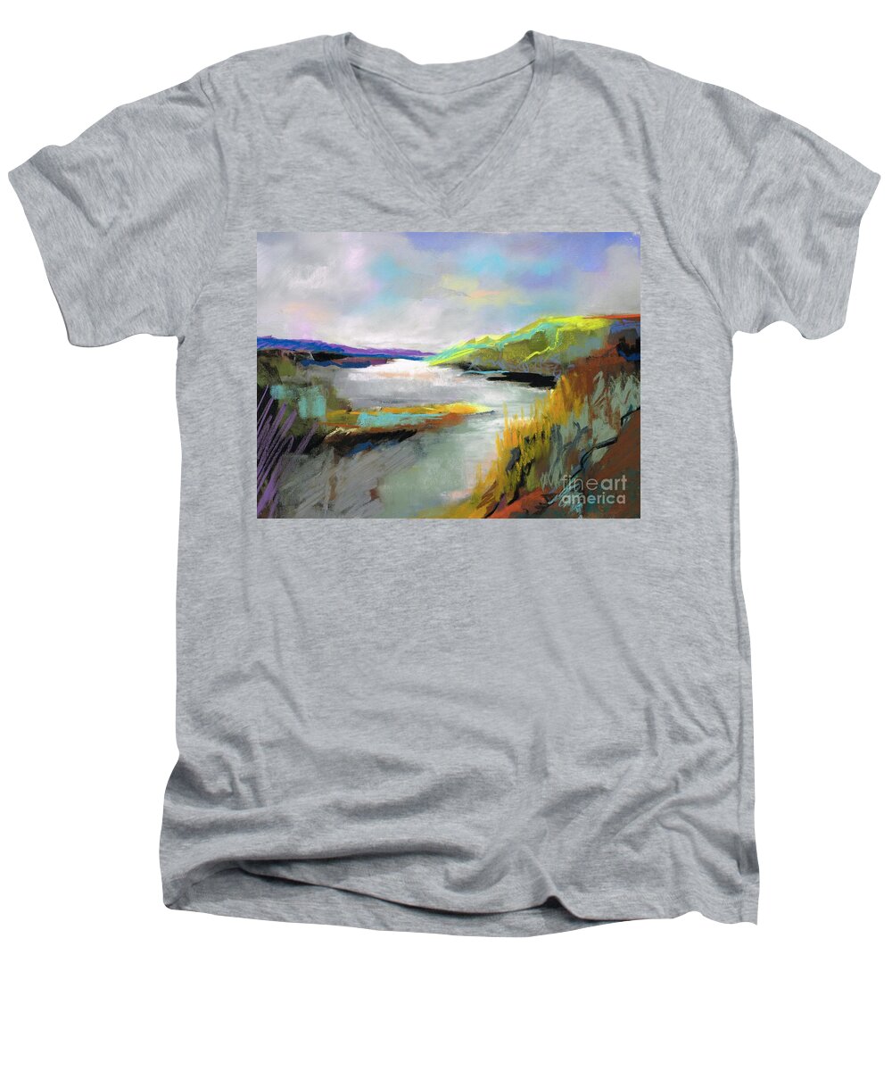 Landscapes Men's V-Neck T-Shirt featuring the painting Yellow Mountain by Frances Marino