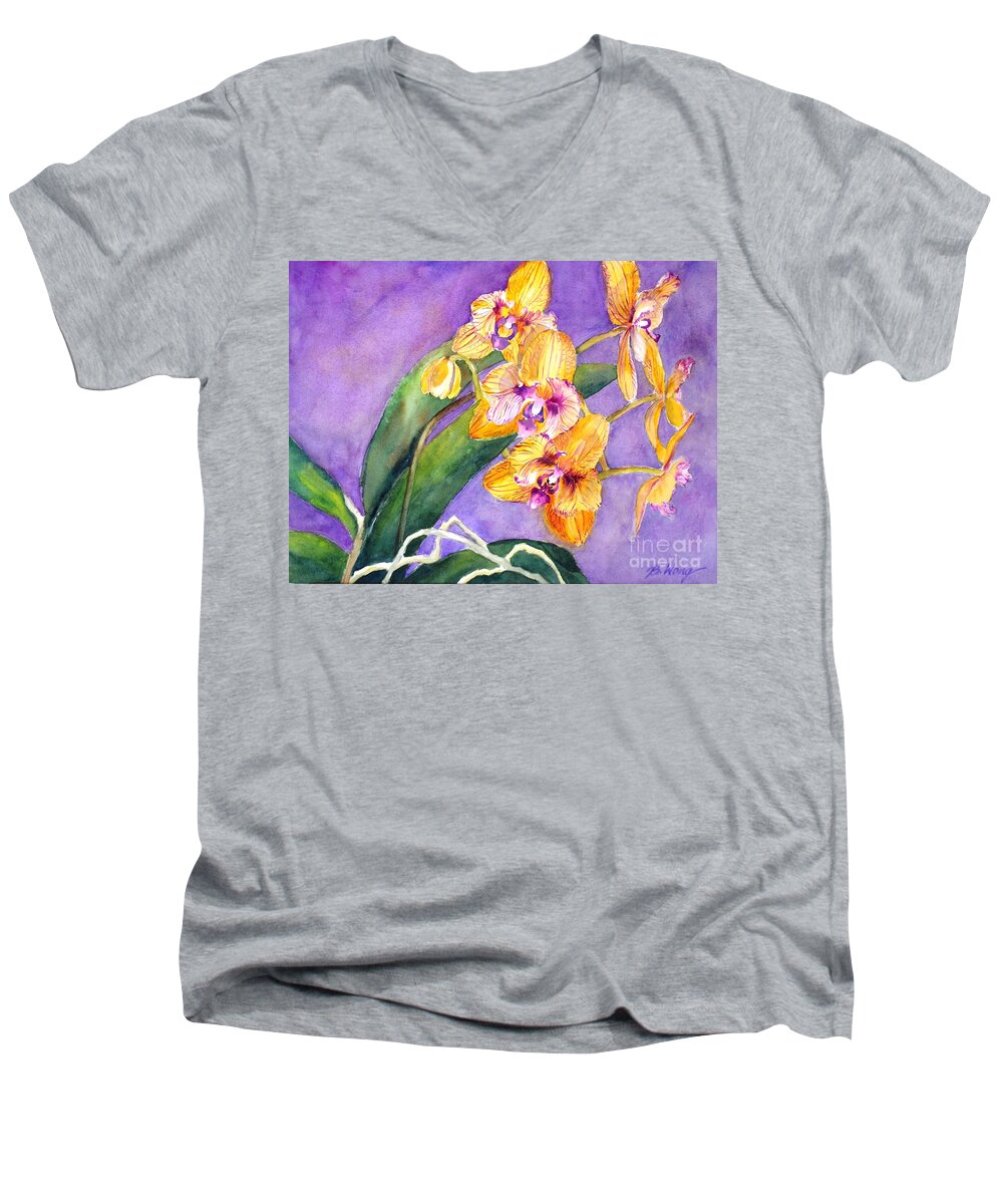 Orchids Men's V-Neck T-Shirt featuring the painting Yellow orchids by Betty M M Wong