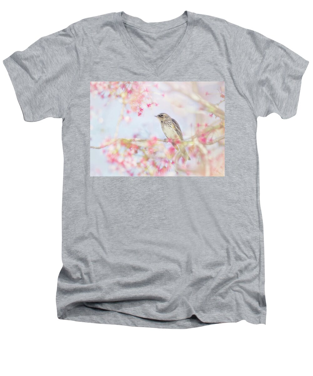 Yellow-rumped Warbler Men's V-Neck T-Shirt featuring the photograph Yellow-Rumped Warbler in Spring Blossoms by Susan Gary