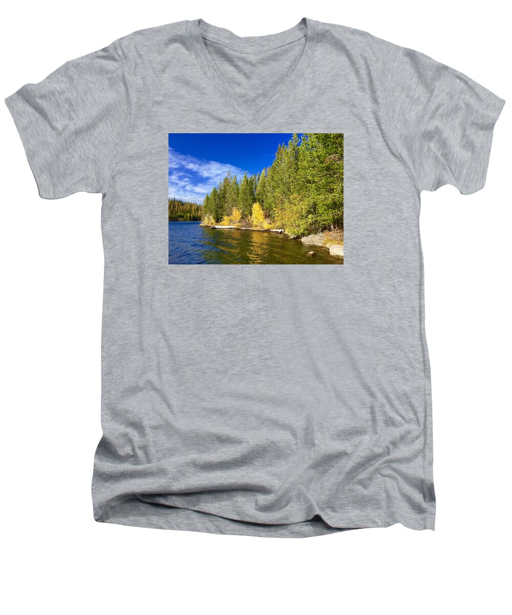 Aspens Men's V-Neck T-Shirt featuring the photograph Golden Waters by Jennifer Lake