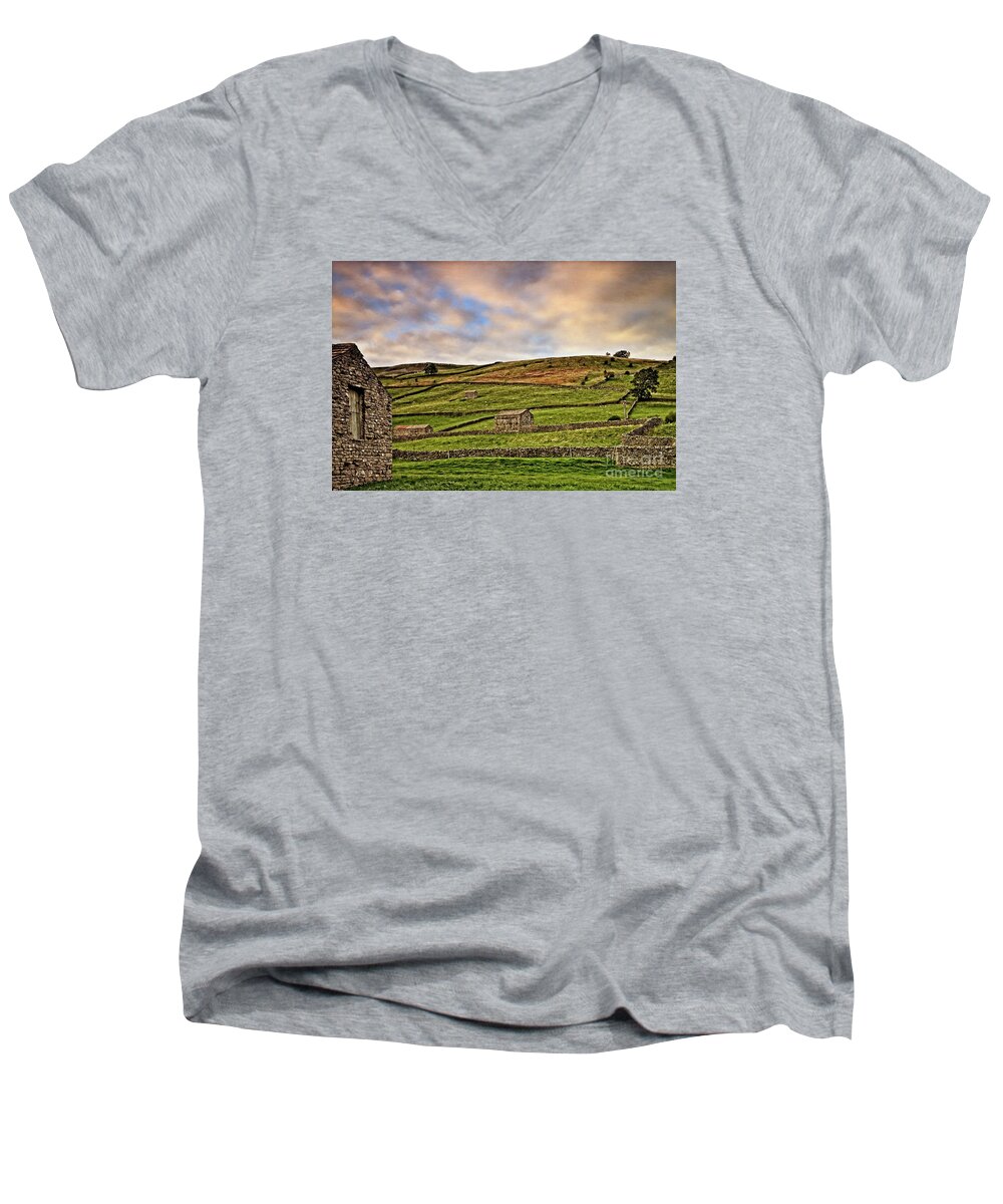 Yorkshire Men's V-Neck T-Shirt featuring the photograph Yorkshire Dales Stone Barns and Walls by Martyn Arnold