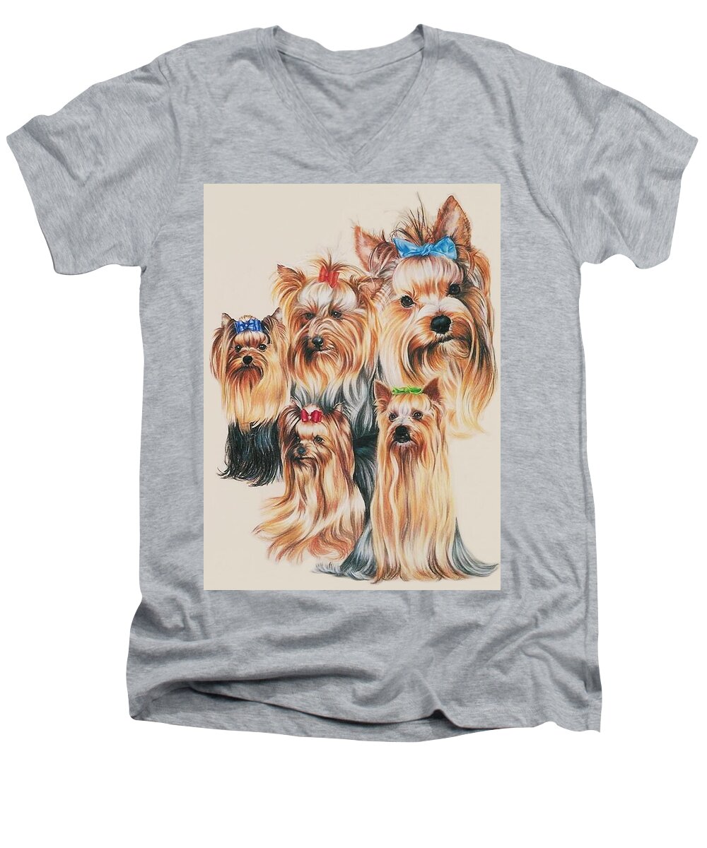 Purebred Men's V-Neck T-Shirt featuring the drawing Yorkshire Terrier Collage by Barbara Keith