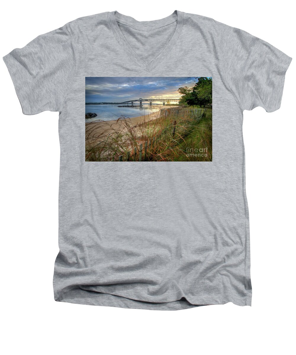 Yorktown Men's V-Neck T-Shirt featuring the photograph Yorktown Beach Sunrise Virginia by Karen Jorstad
