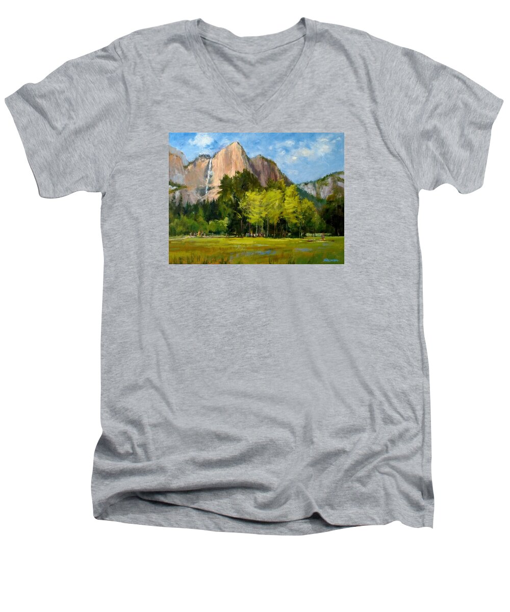 California Men's V-Neck T-Shirt featuring the painting Yosemite Falls by Peter Salwen