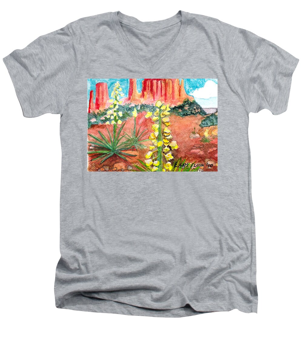 Yucca Men's V-Neck T-Shirt featuring the painting Yucca in Monument Valley by Eric Samuelson