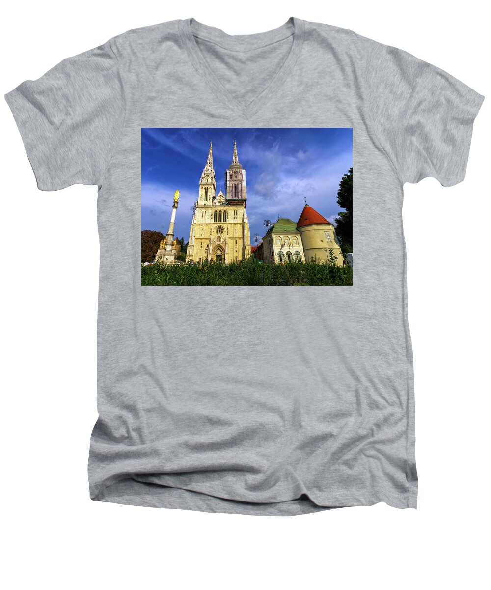 Architecture Men's V-Neck T-Shirt featuring the photograph Zagreb Cathedral, Croatia by Elenarts - Elena Duvernay photo