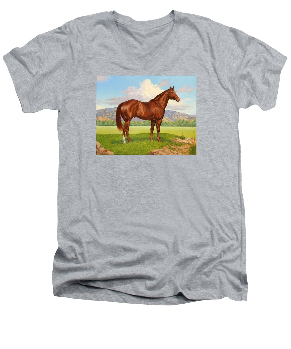Zantanon Foundation Quarter Horse Sire Men's V-Neck T-Shirt featuring the painting Zantanon by Howard DUBOIS