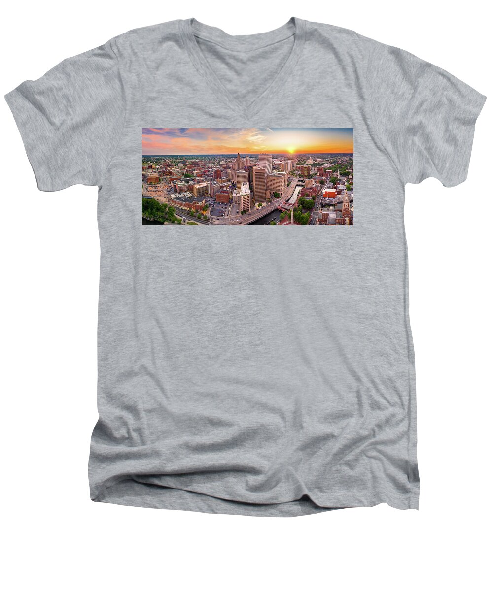 Providence Men's V-Neck T-Shirt featuring the photograph Aerial panorama of Providence, Rhode Island #2 by Mihai Andritoiu