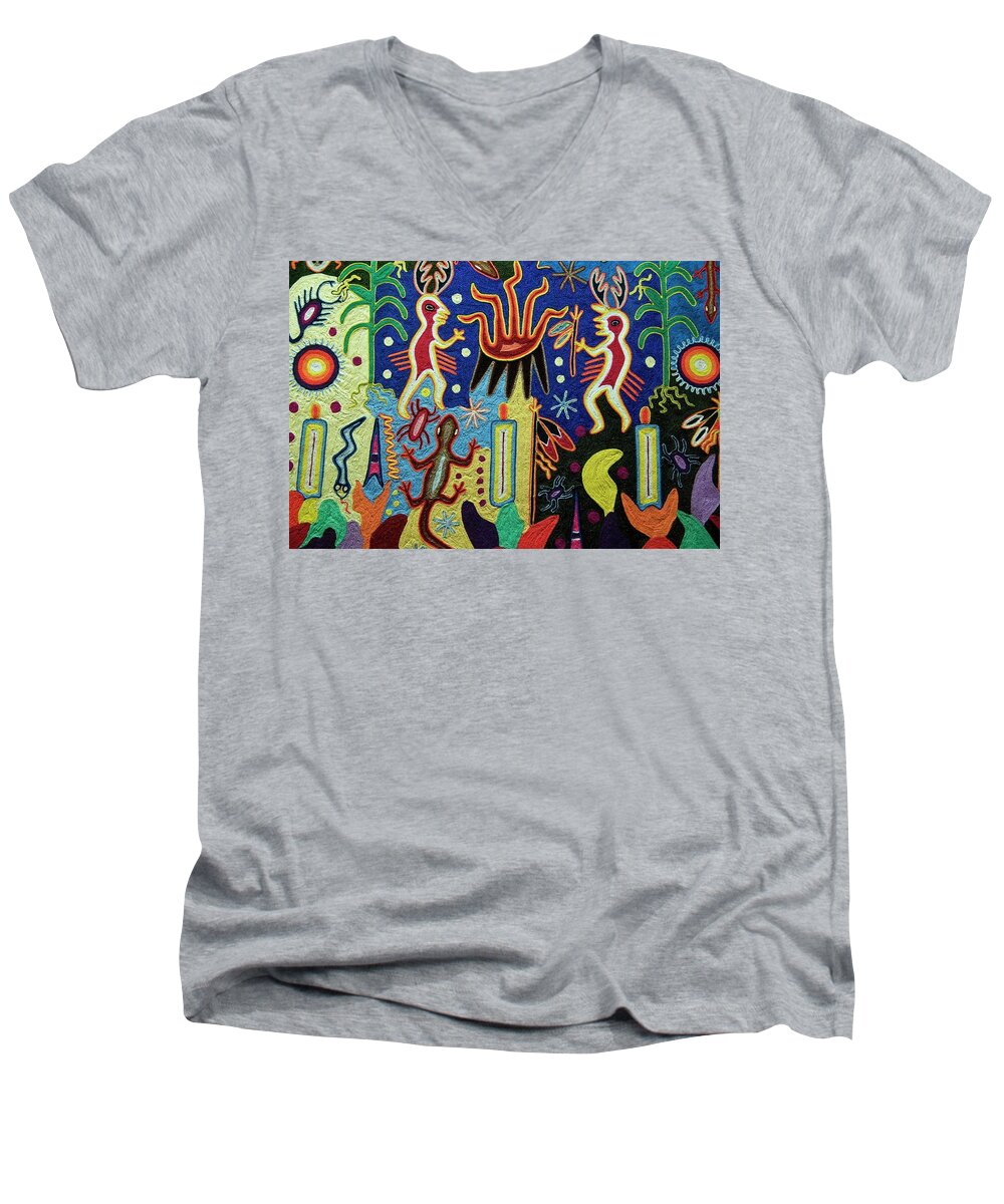 America Men's V-Neck T-Shirt featuring the painting Mexico.Mexico city.National Museum of Anthropology. Huichol art. #1 by Album
