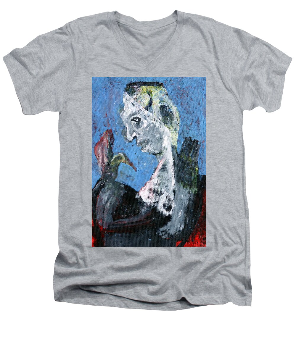 Bird Men's V-Neck T-Shirt featuring the painting Portrait with a bird #1 by Edgeworth Johnstone