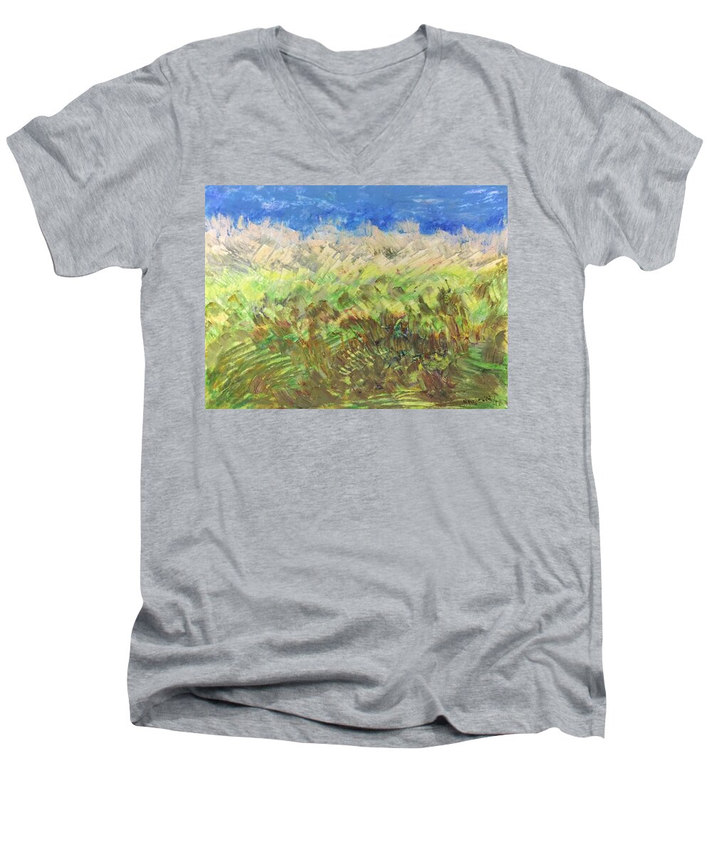 Landscape Men's V-Neck T-Shirt featuring the painting Windy fields #1 by Norma Duch