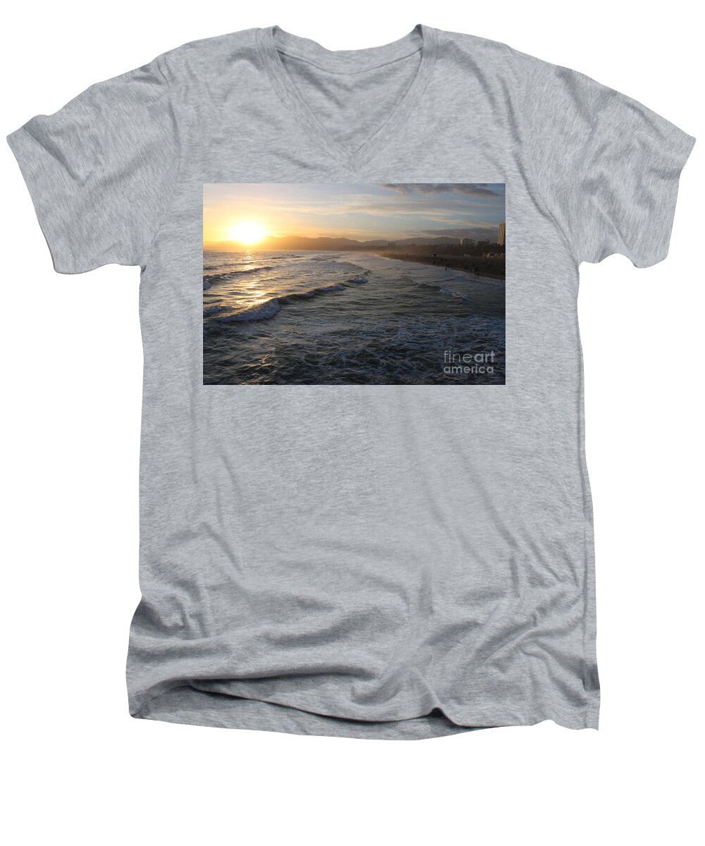 Sunset Men's V-Neck T-Shirt featuring the photograph Pacific Sunset , Santa Monica, California #11 by John Shiron
