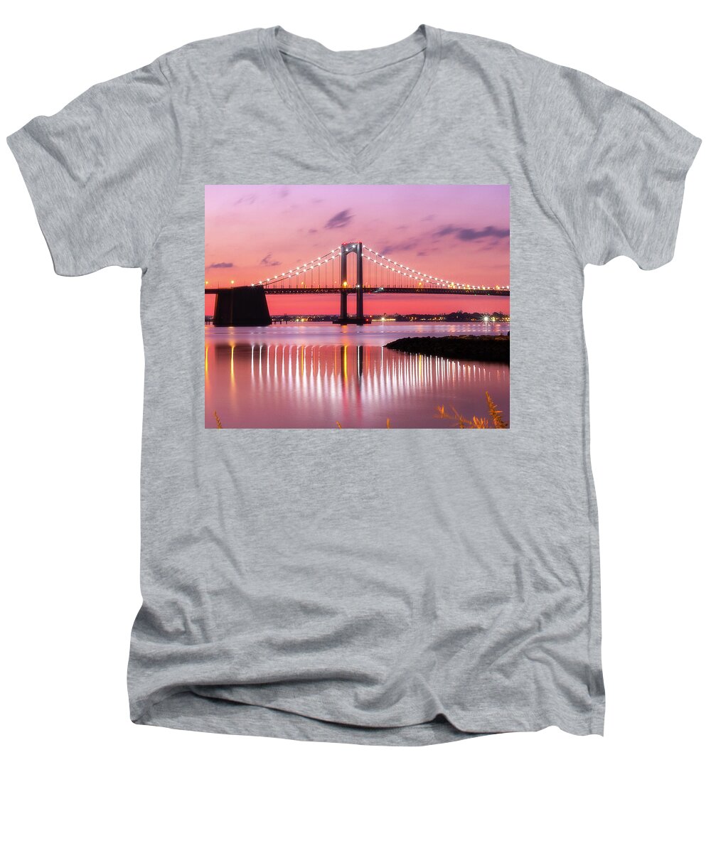 Bridge Men's V-Neck T-Shirt featuring the photograph Throgs Neck Sunset #2 by John Randazzo