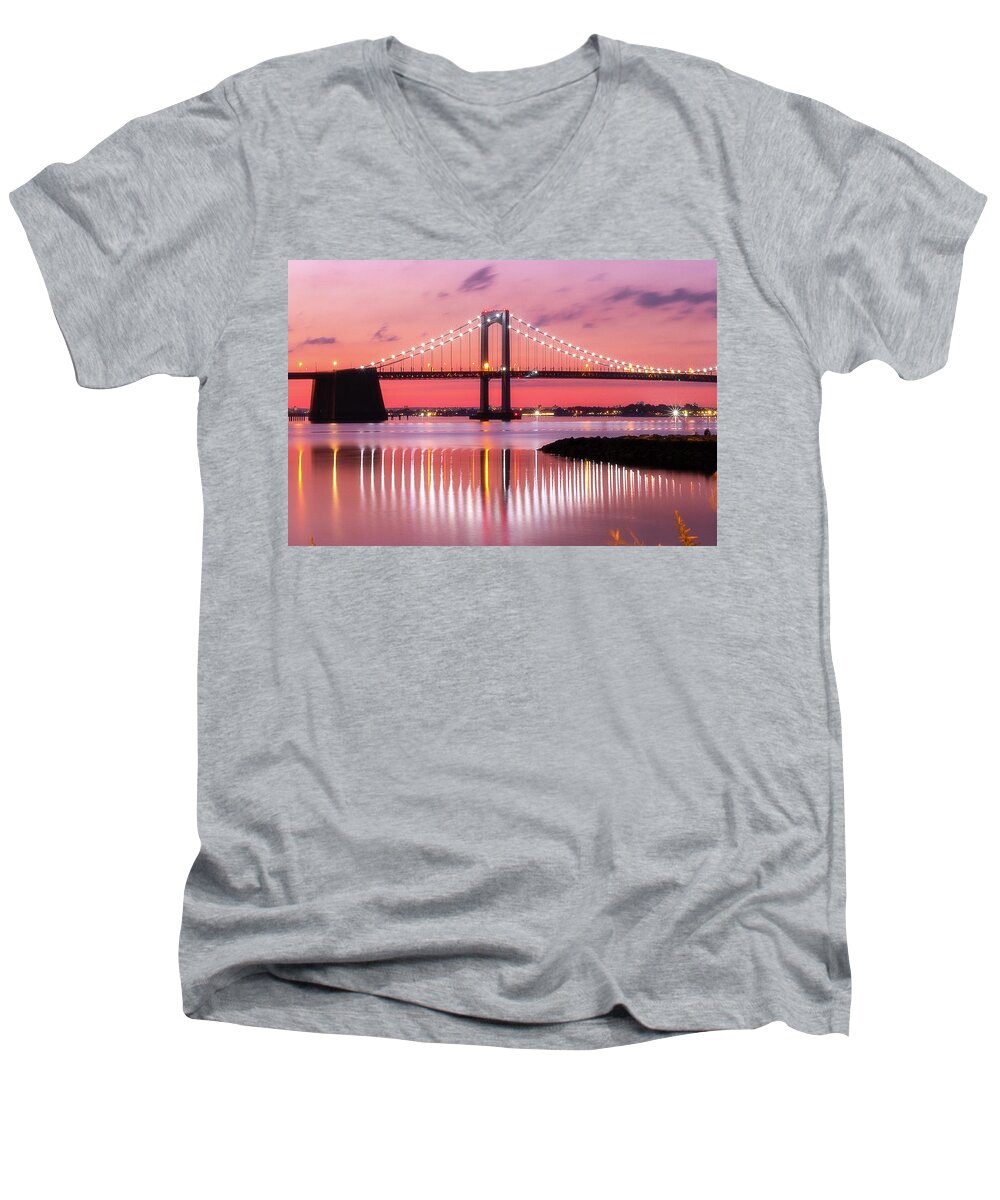 Bridge Men's V-Neck T-Shirt featuring the photograph Throgs Neck Sunset #3 by John Randazzo