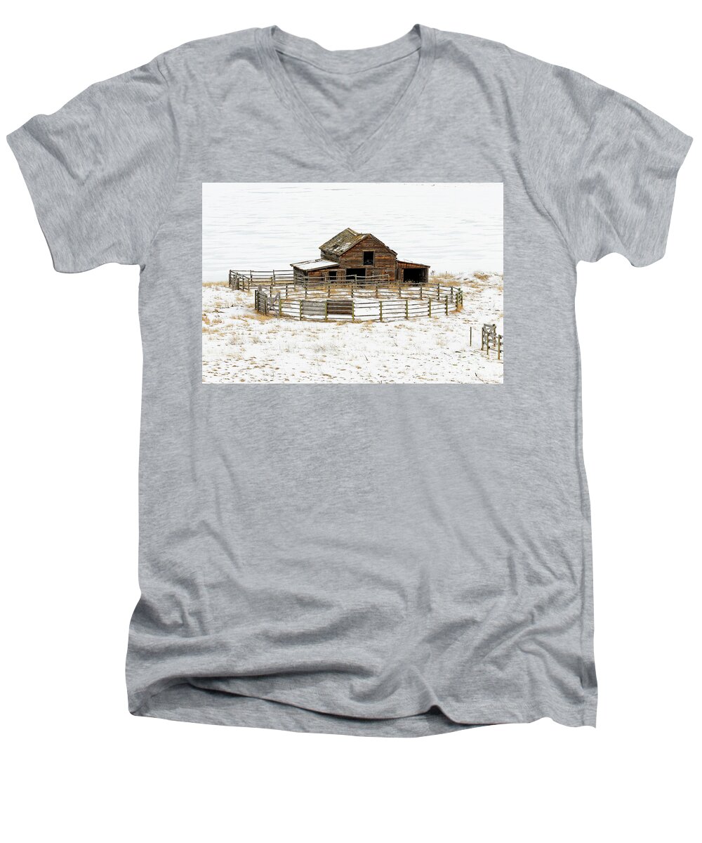 Old Barn Men's V-Neck T-Shirt featuring the photograph 41,674.04209 FZ weathered old barn, corral fence winter snow SC #4167404209 by Robert C Paulson Jr