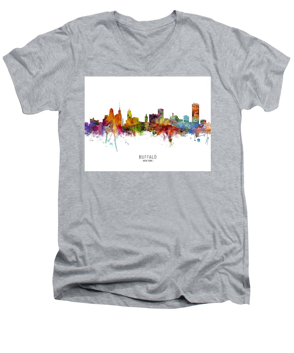 Buffalo Men's V-Neck T-Shirt featuring the digital art Buffalo New York Skyline #5 by Michael Tompsett