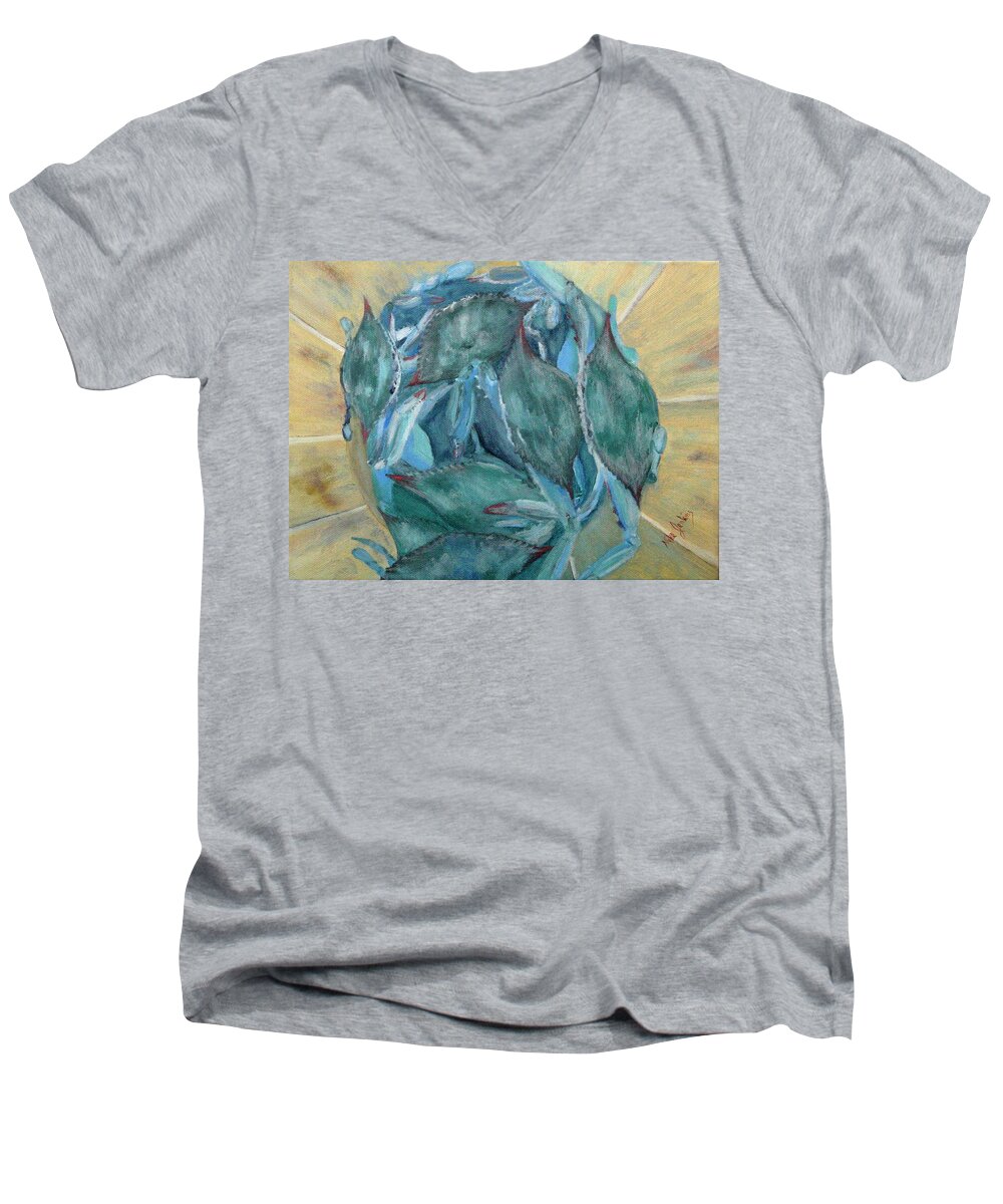 Blue Crabs Men's V-Neck T-Shirt featuring the painting A Dozen Blues by Mike Jenkins