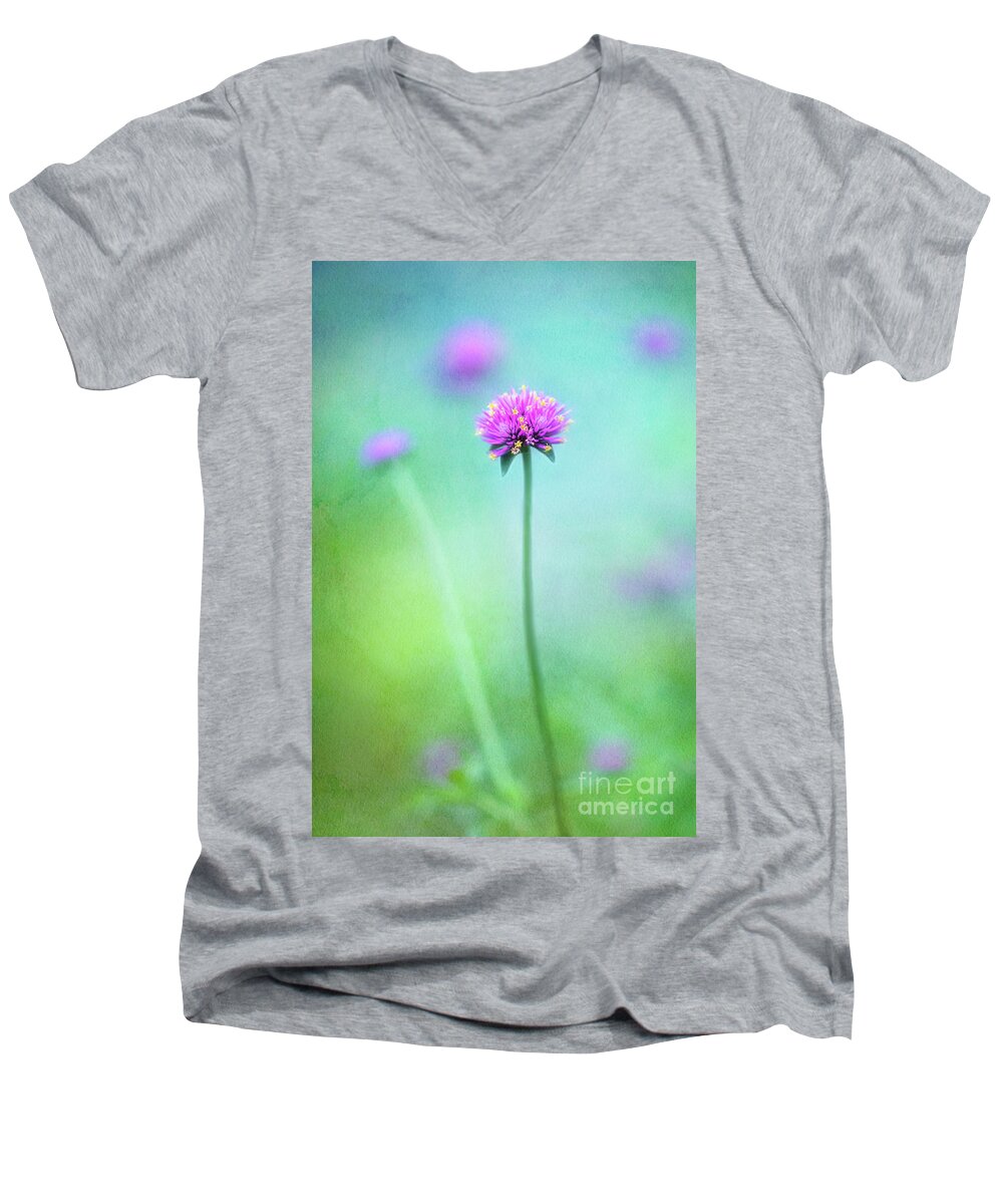 Gomphrena Pulchella Men's V-Neck T-Shirt featuring the photograph A Tiny Charmer in Hot Pink by Anita Pollak