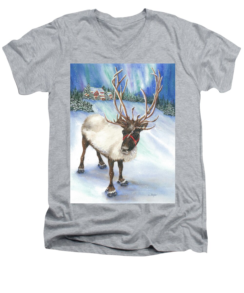Reindeer Men's V-Neck T-Shirt featuring the painting A Winter's Walk by Lori Taylor