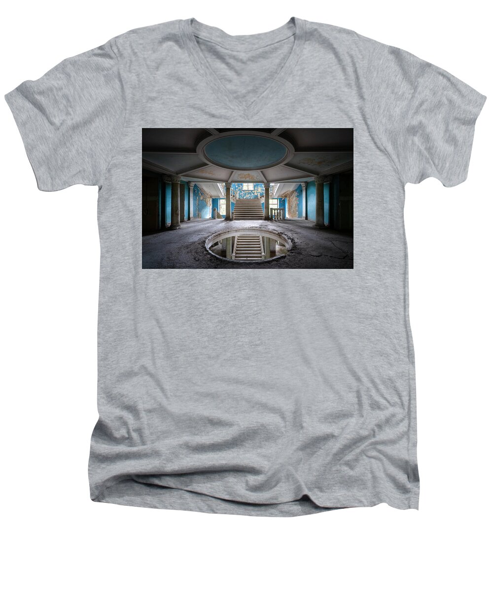 Abandoned Men's V-Neck T-Shirt featuring the photograph Abandoned Blue Staircase by Roman Robroek