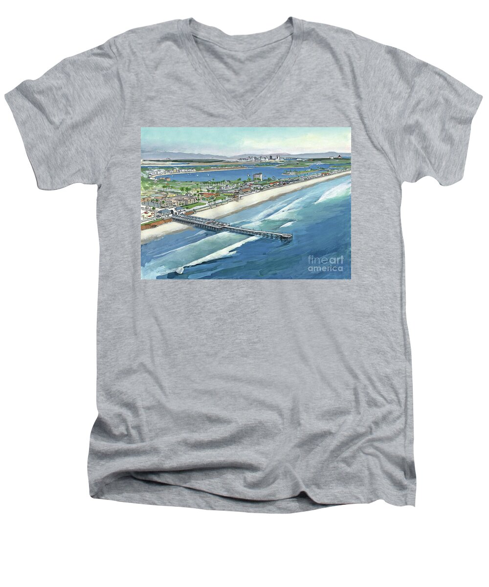 Pacific Beach Men's V-Neck T-Shirt featuring the painting Pacific Beach to Downtown San Diego California by Paul Strahm