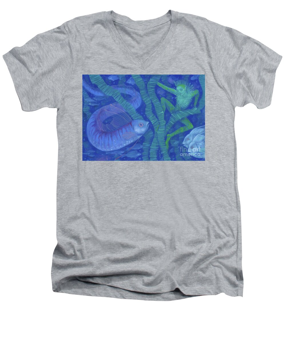 Underwater Fairytale Illustration Men's V-Neck T-Shirt featuring the painting Amphibian and the Fish King, fantasy art, Underwater by Julia Khoroshikh