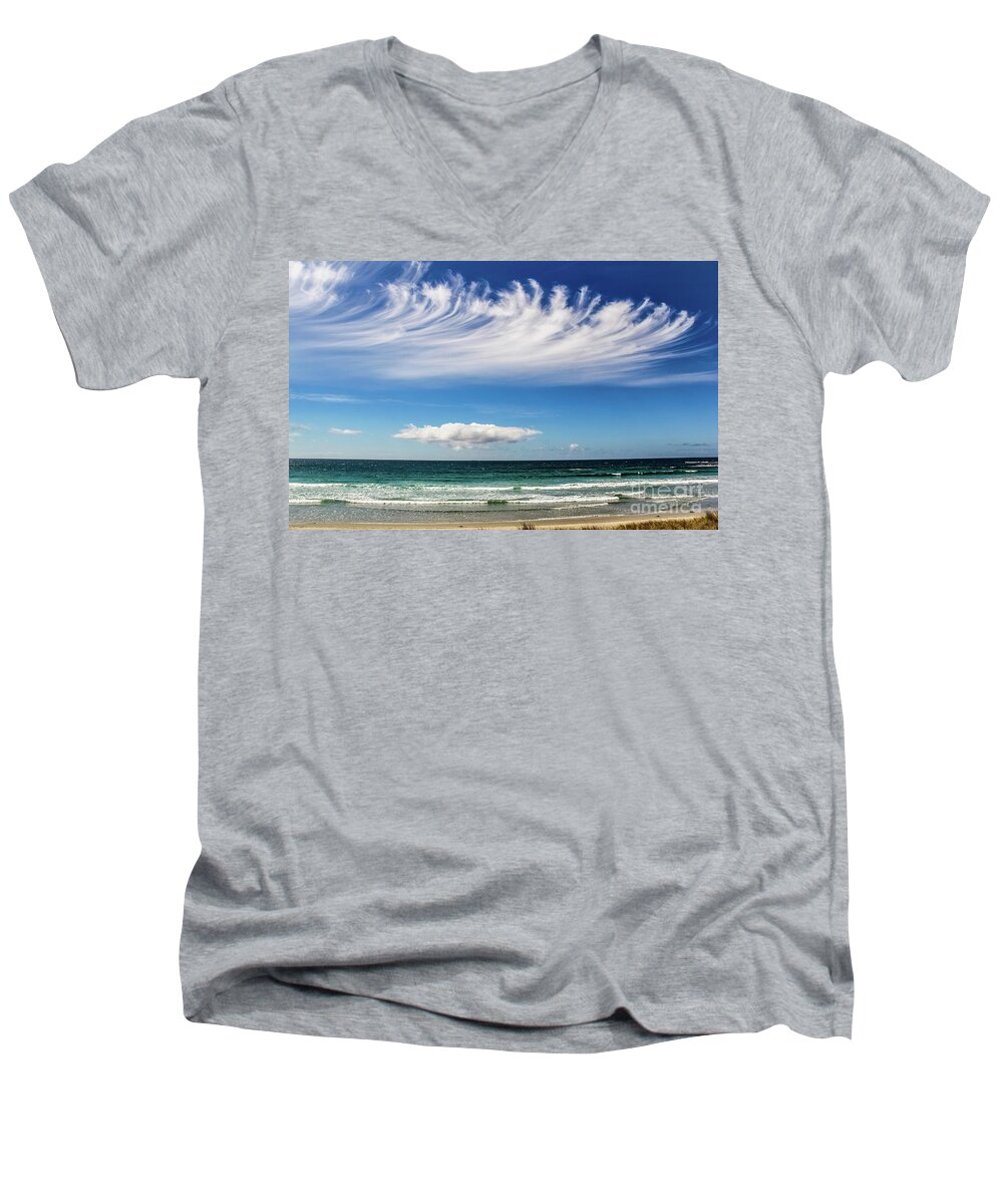 Cloud Men's V-Neck T-Shirt featuring the photograph Aotearoa - the long white cloud, New Zealand by Lyl Dil Creations
