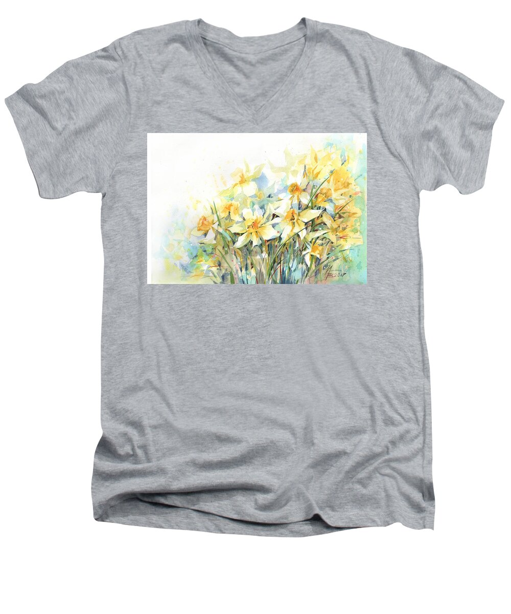 Russian Artists New Wave Men's V-Neck T-Shirt featuring the painting April Yellows by Ina Petrashkevich