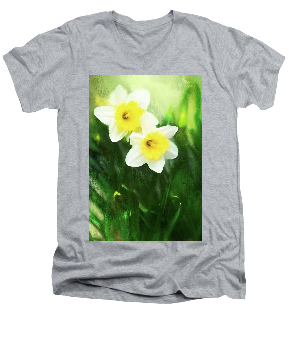 Daffodils Men's V-Neck T-Shirt featuring the photograph Lovely Painted Daffodil Pair by Anita Pollak