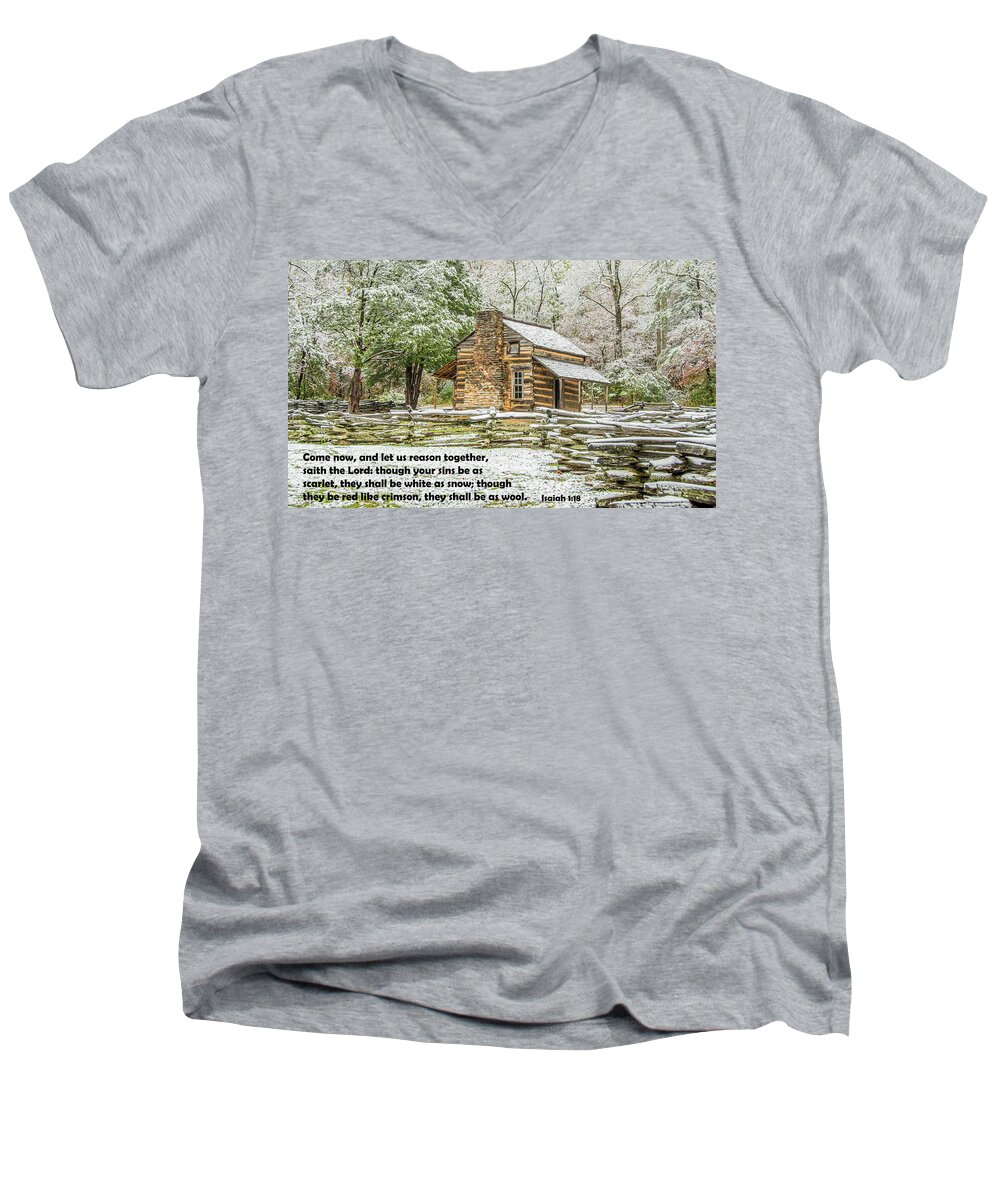 John Oliver Cabin Men's V-Neck T-Shirt featuring the photograph As White As Snow by Marcy Wielfaert