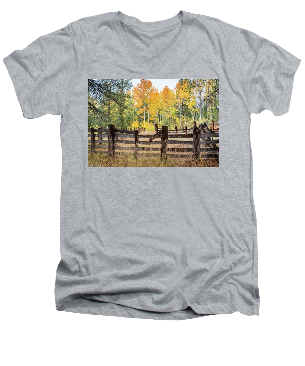 Aspen Men's V-Neck T-Shirt featuring the photograph Aspen Corral by Mike Ronnebeck