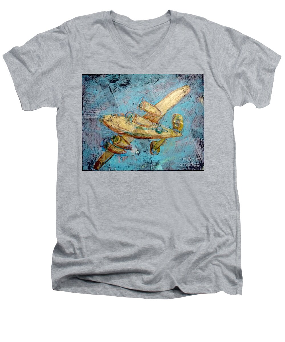B24 Liberator Men's V-Neck T-Shirt featuring the painting B-24 Liberator on -Mission Record by Patty Donoghue