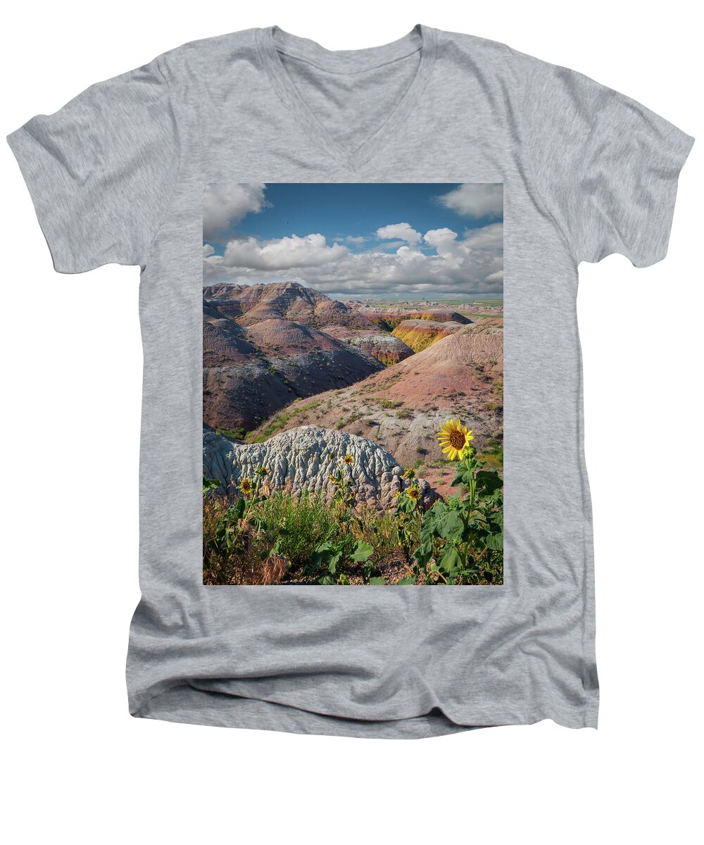 South Dakota Badlands Men's V-Neck T-Shirt featuring the photograph Badlands Sunflower - Vertical by Patti Deters