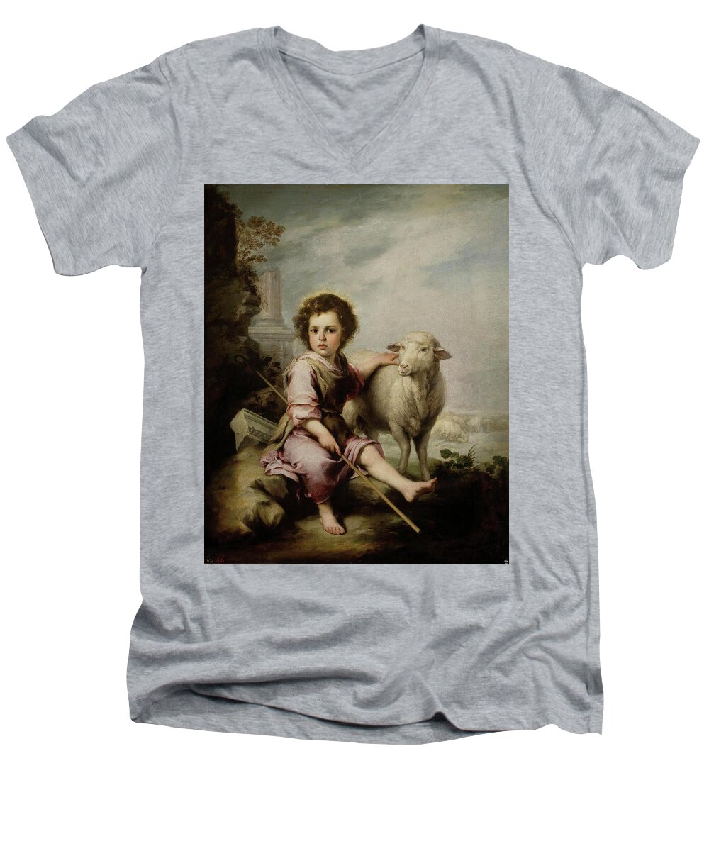 Bartolome Esteban Murillo Men's V-Neck T-Shirt featuring the painting Bartolome Esteban Murillo / 'The Good Shepherd', ca. 1660, Spanish School. by Bartolome Esteban Murillo -1611-1682-