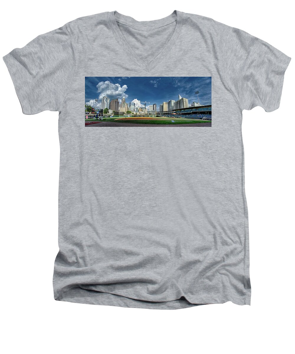 Baseball Men's V-Neck T-Shirt featuring the photograph Bbt Baseball Charlotte Nc Knights Baseball Stadium And City Skyl by Alex Grichenko