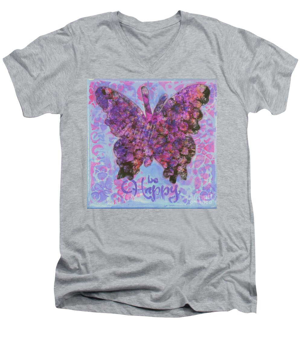 Butterfly Men's V-Neck T-Shirt featuring the mixed media Be Happy 2 Butterfly by Lisa Crisman