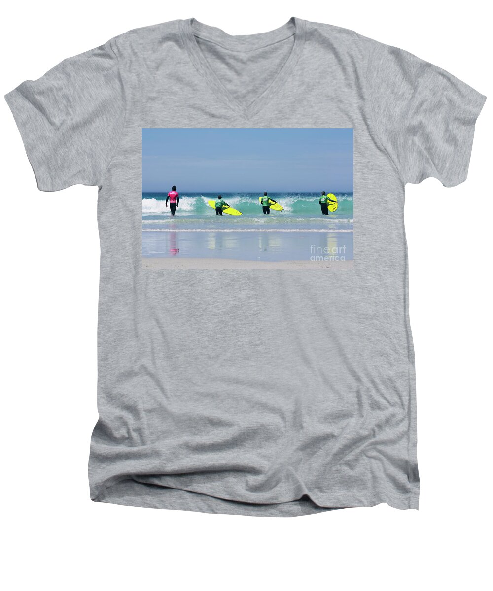 Cornwall Men's V-Neck T-Shirt featuring the photograph Beach Boys go surfing by Terri Waters