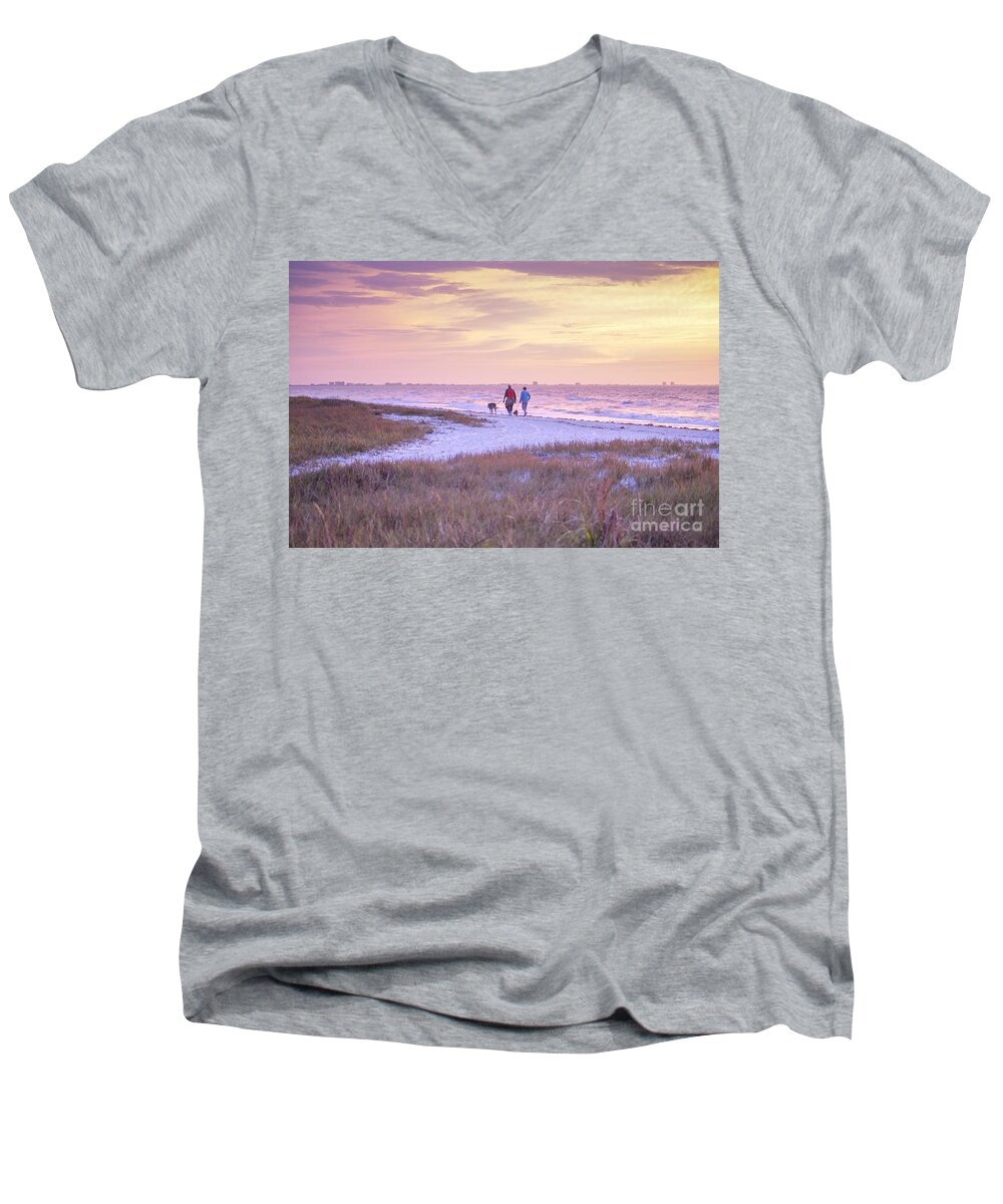 Beach Men's V-Neck T-Shirt featuring the photograph Sunrise Stroll on the Beach by Susan Rydberg