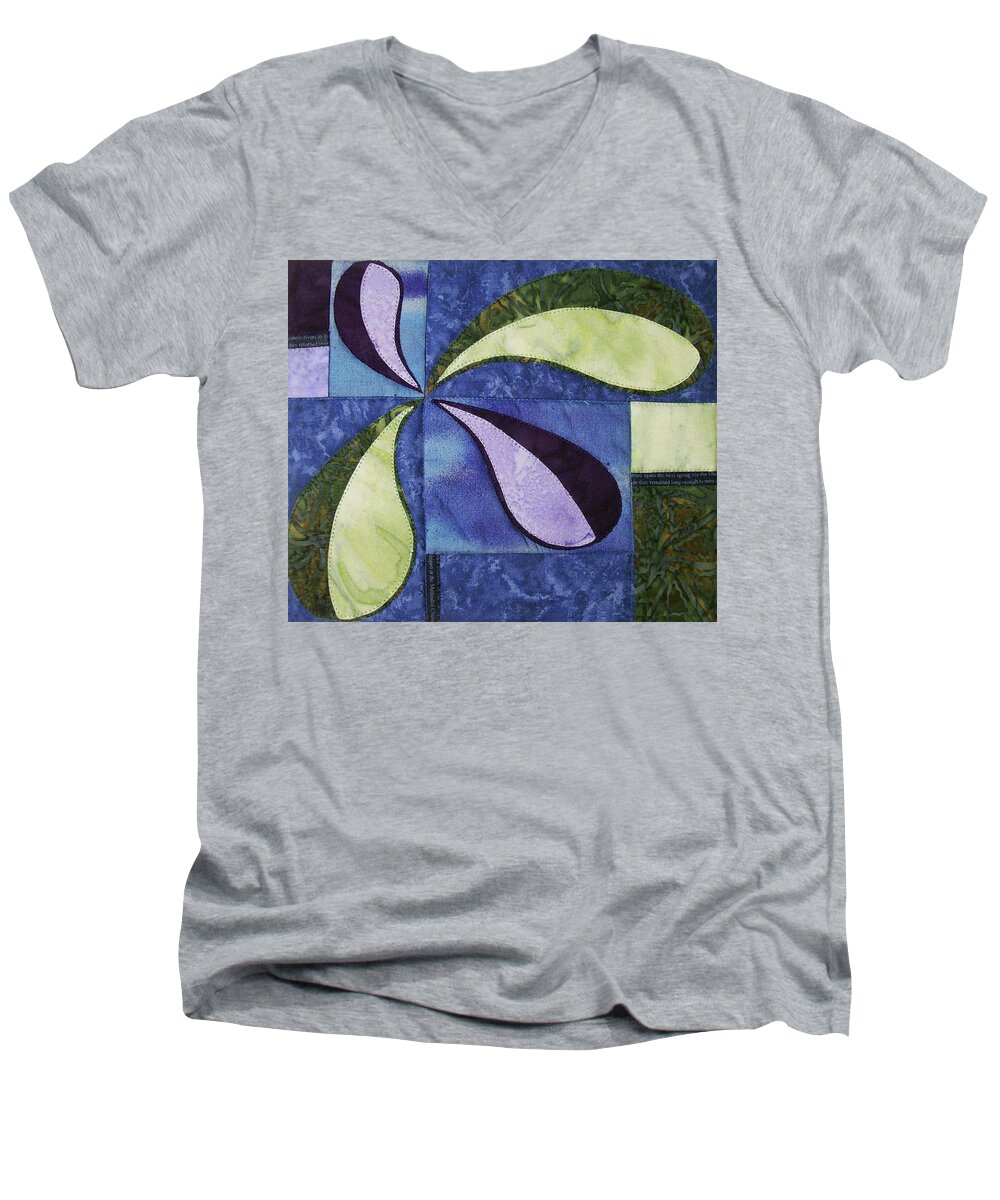 Abstract Blue Green Purple Art Quilt Men's V-Neck T-Shirt featuring the tapestry - textile Bent Out Of Shape by Pam Geisel