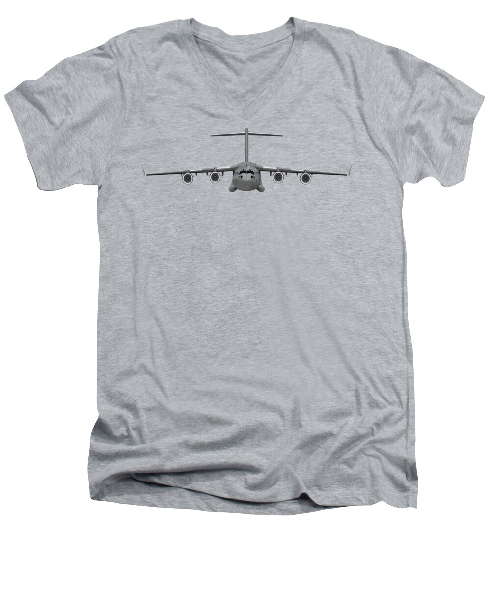 C-17 Men's V-Neck T-Shirt featuring the digital art Black Chrome C-17 by Michael Brooks
