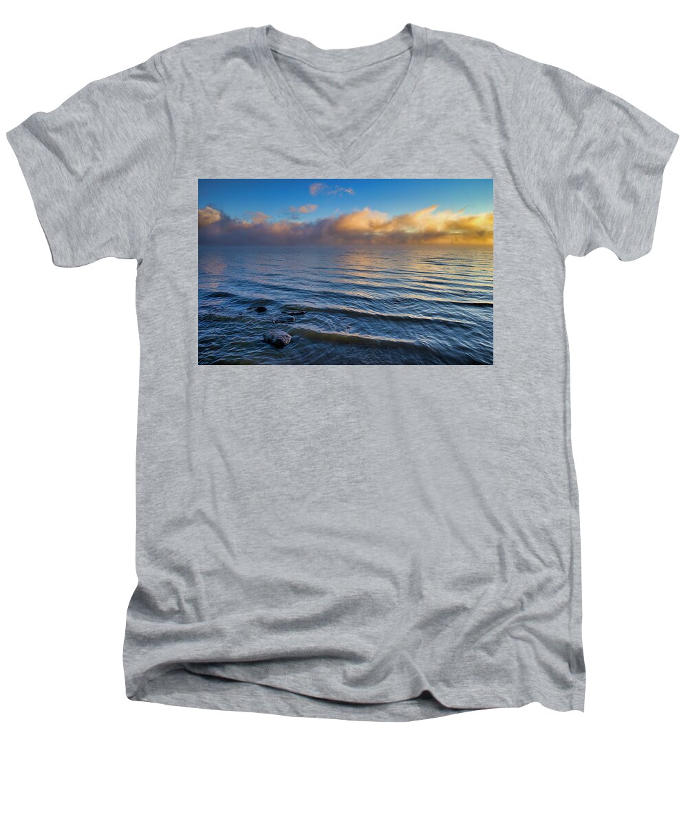 Lake Men's V-Neck T-Shirt featuring the photograph Blue and Gold by Tom Gresham