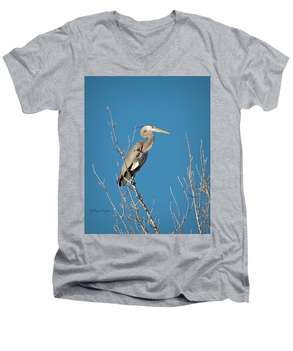 Beautiful Photos Men's V-Neck T-Shirt featuring the photograph Blue Heron 19 by Roger Snyder