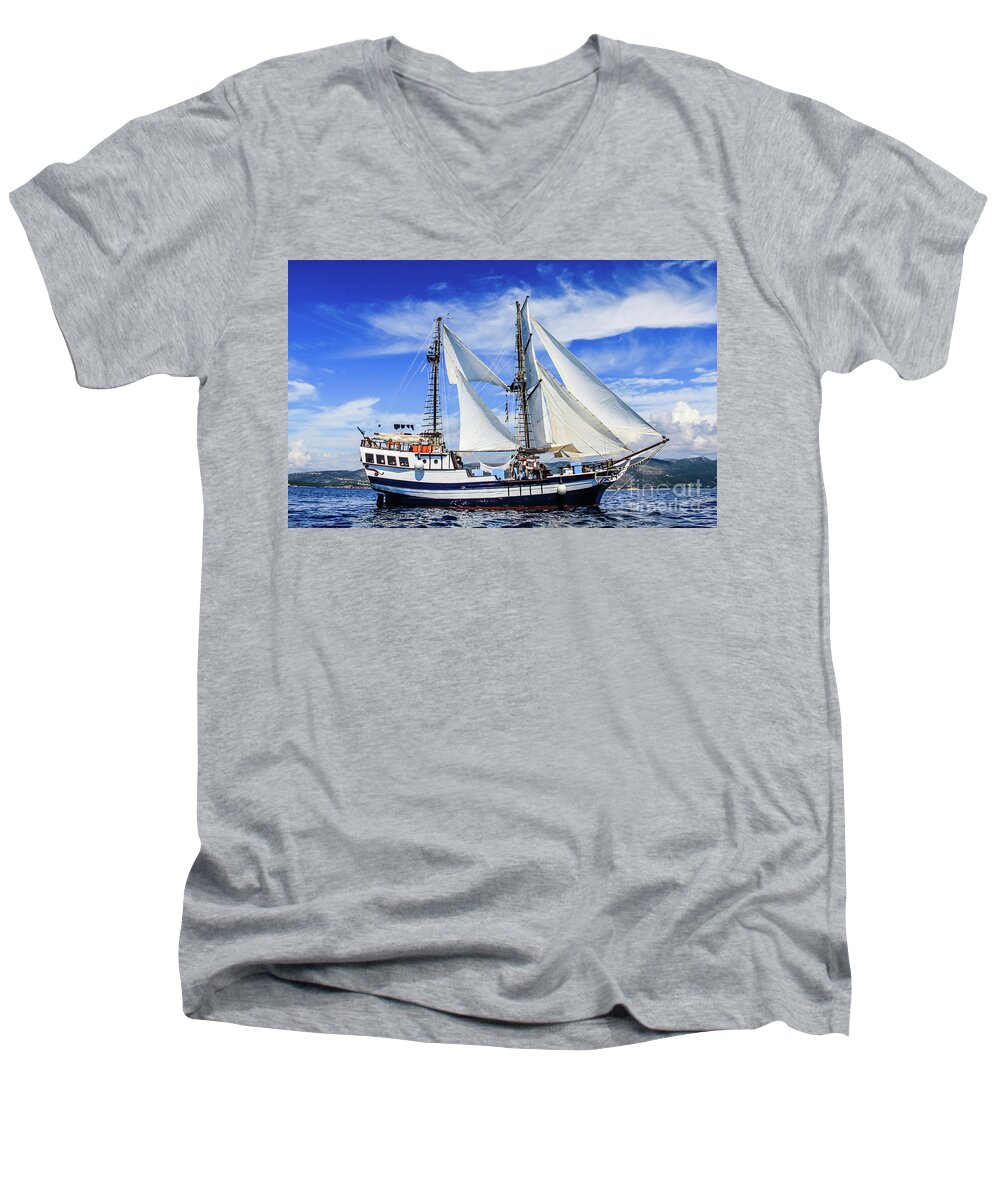 Brigantine Men's V-Neck T-Shirt featuring the photograph Brigantine on the Ionian sea by Lyl Dil Creations