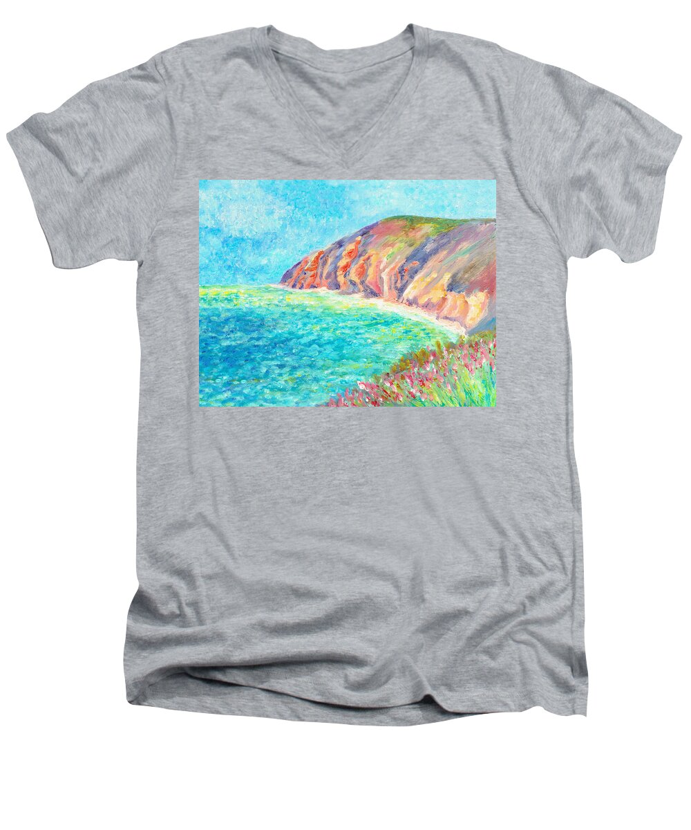 Sea Men's V-Neck T-Shirt featuring the painting By the Sea by Elizabeth Lock